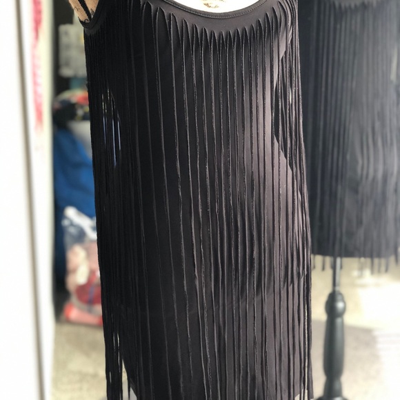 Peep Toe Black Fringe All Over Mini Dress - Picture 5 of 14